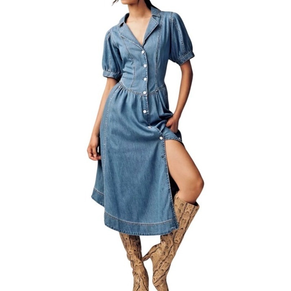 PILCRO &‎ The LETTERPRESS Denim Jean Button Front Puff Sleeve Midi Dress Size 8